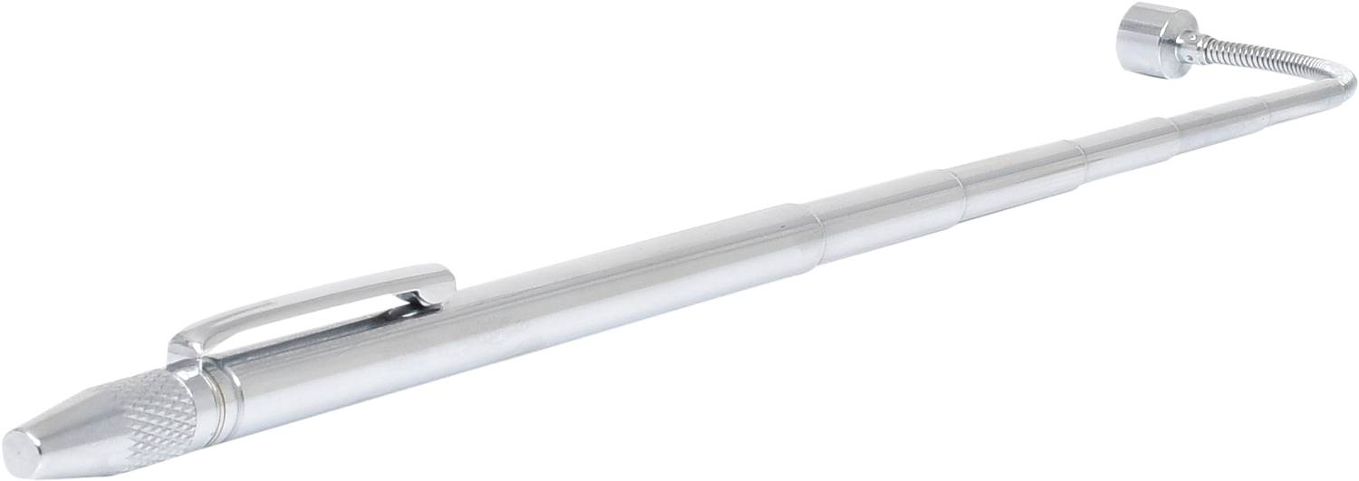A telescopic magnetic rod in silver, used for picking up metallic objects.
