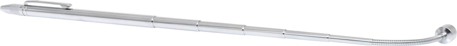 Silver-coloured, telescopic back scratcher with a rounded tip, lying on a white background.