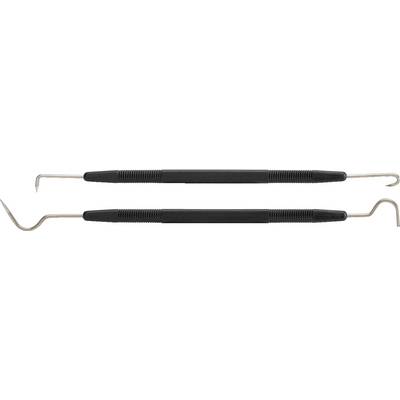 Two black dental scaler tools with metal hooks at both ends lie parallel to each other.