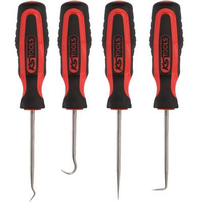 Four black and red tools with plastic handles, likely different hook and pin tools, standing upright.