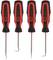 Four black and red tools with plastic handles, likely different hook and pin tools, standing upright.