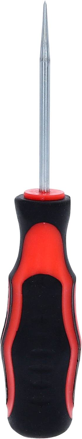 A black screwdriver with a red handle, pointing its tip upwards. Ideal for screwing and assembling.