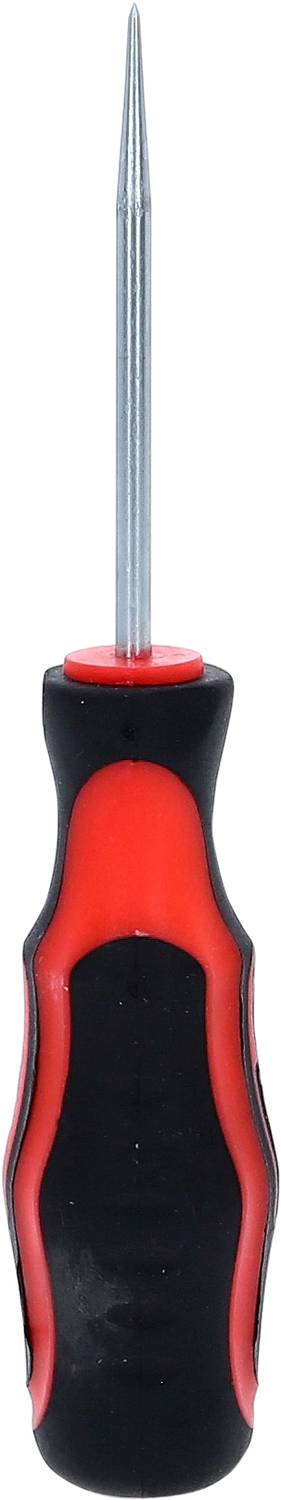 A screwdriver with a red and black handle, positioned vertically.
