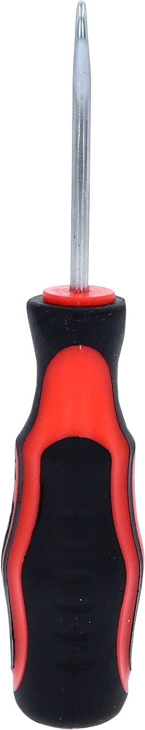 'Screwdriver with a black handle and red accents, pictured from top to bottom.'