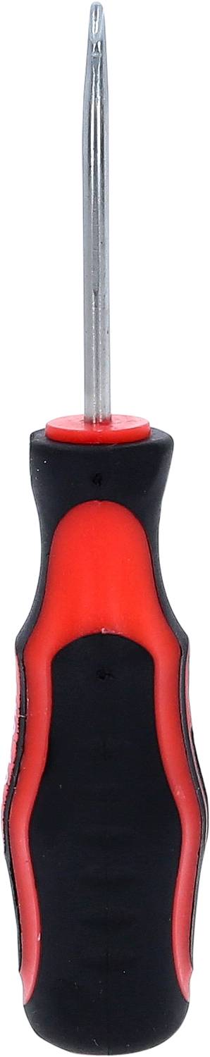A screwdriver with a black handle and red accents, shown from the front, with a long, slender metal shaft.