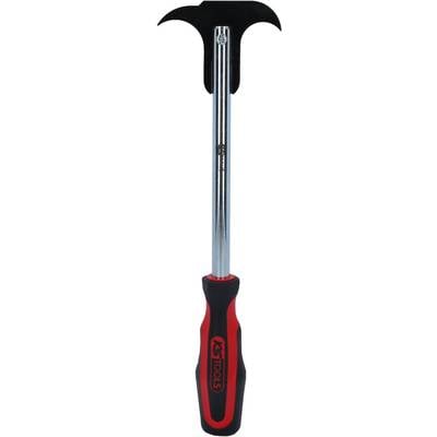A tool with a curved, serrated head and a red, ergonomic handle, suitable for removing tyres.