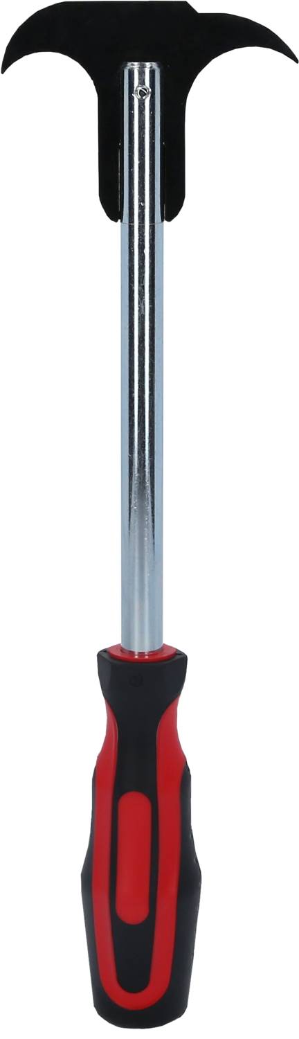 A red and black multi-functional tool with a long handle and a hooked head, likely used for lifting or removing lids.