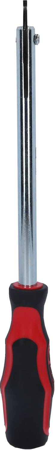 A screwdriver with a black and red handle and a slim, long metal shaft.