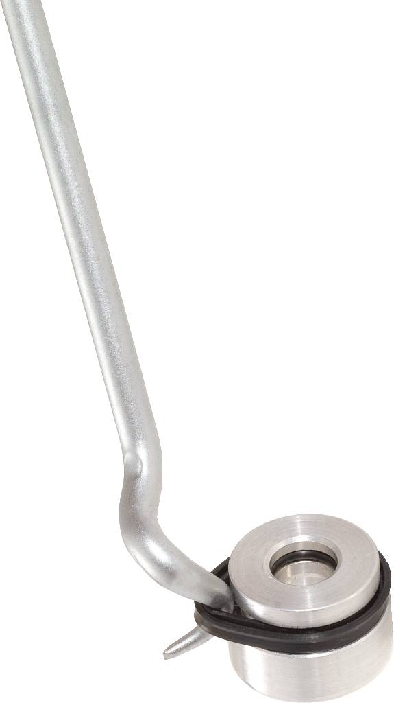 Metal rod with a curved end and circular hook, presumably a tool component or a hanging device.