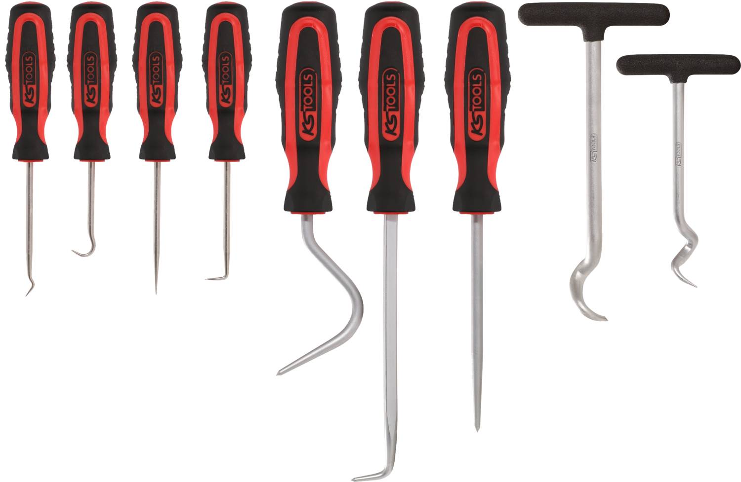 Set of eight hook tools with black handles and red accents, perfect for mechanical work or precision tasks.
