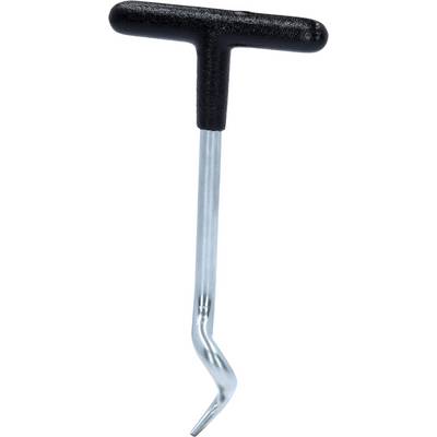 Metallic tyre repair tool with a black T-handle and a curved hook at the end, used for removing objects from tyres.