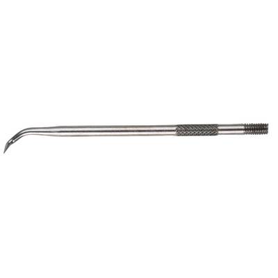 A dental instrument with a sharp hook on one side and a ridged grip in the middle, used for dental cleaning.