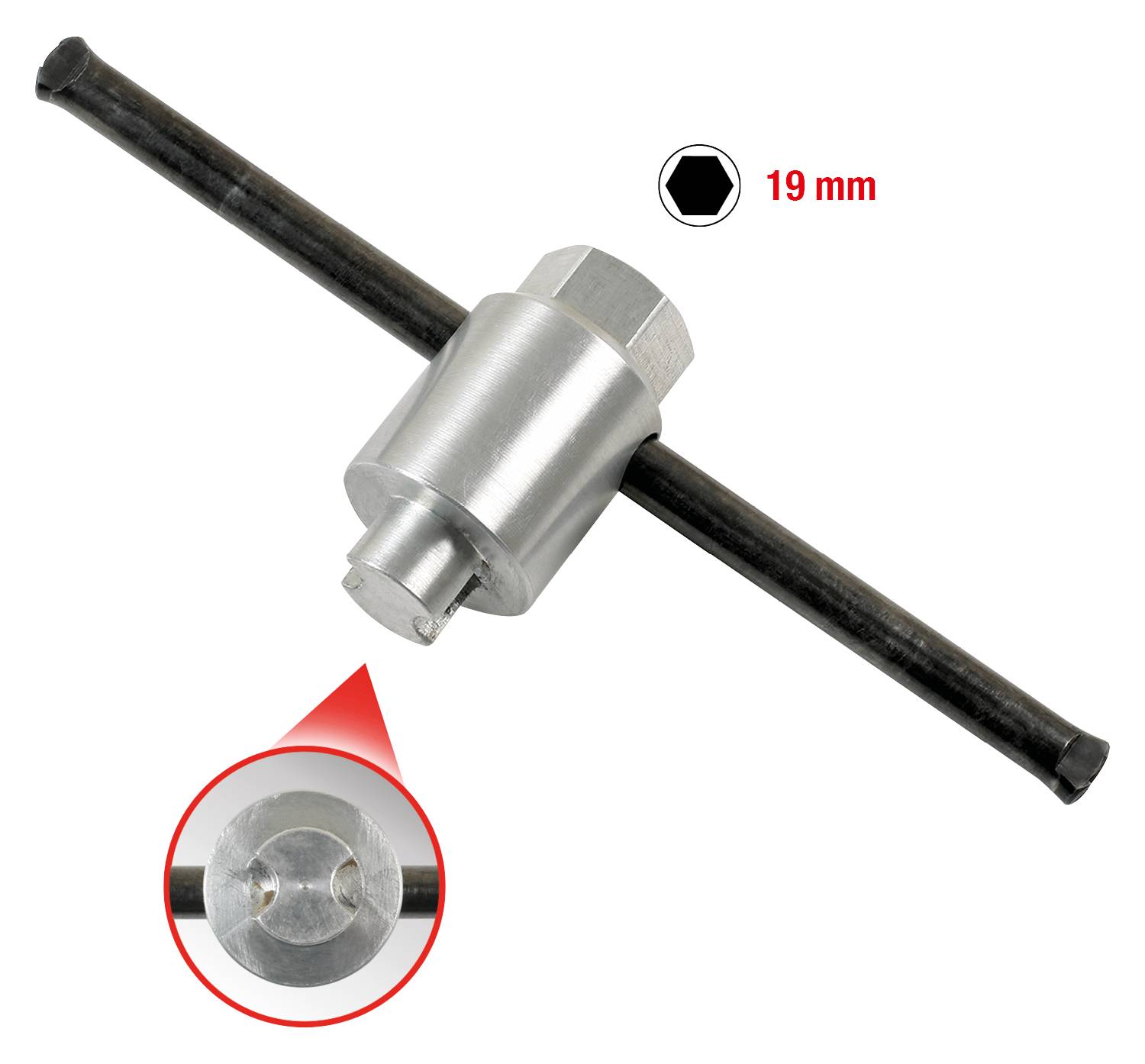 A silver metal socket spanner with a black cross handle, marked with '19 mm'. Close-up shows the hexagonal opening of the socket spanner.