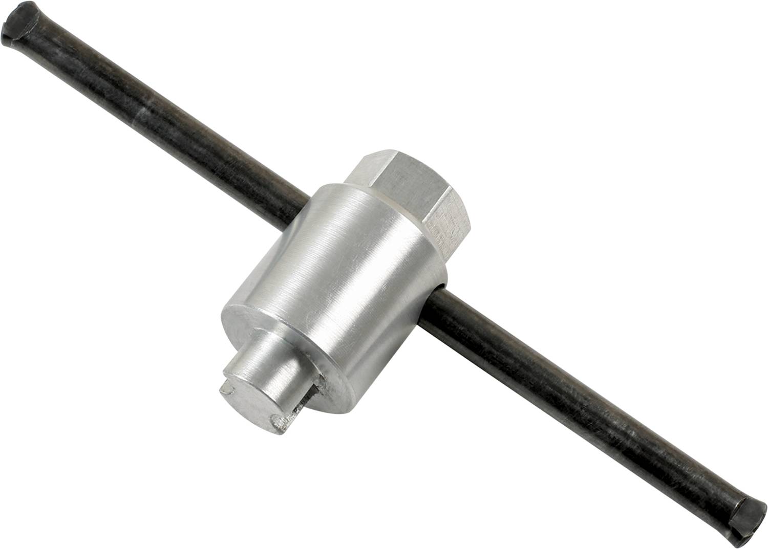 A silver tool with a long black crossbar handle. It is likely used for tightening or loosening screws.