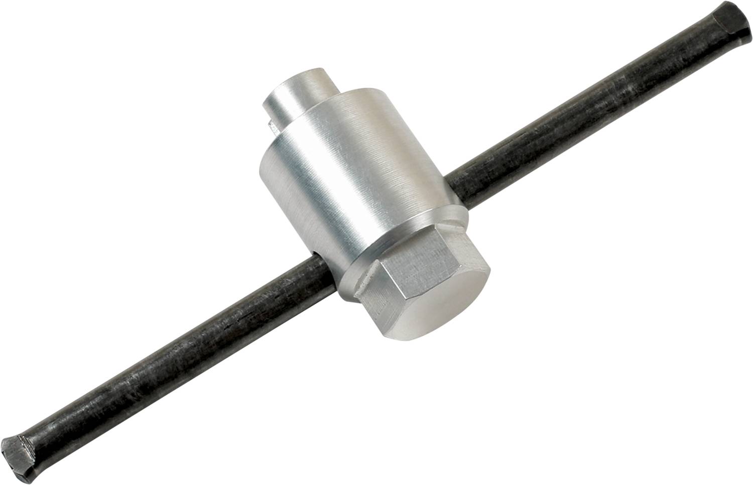 A metallic cutting head with two long, black handles, likely a tensioning or cutting tool, against a white background.