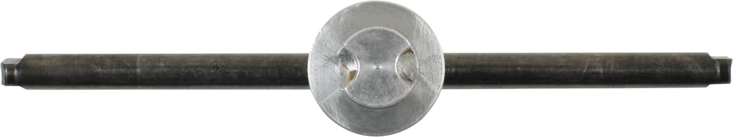 Metal rod with a central, round disc, viewed from above.