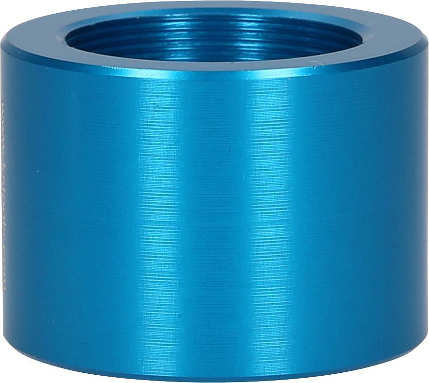 A cylindrical, blue metal piece with an internal thread, possibly an adapter or cap for a pipe system.