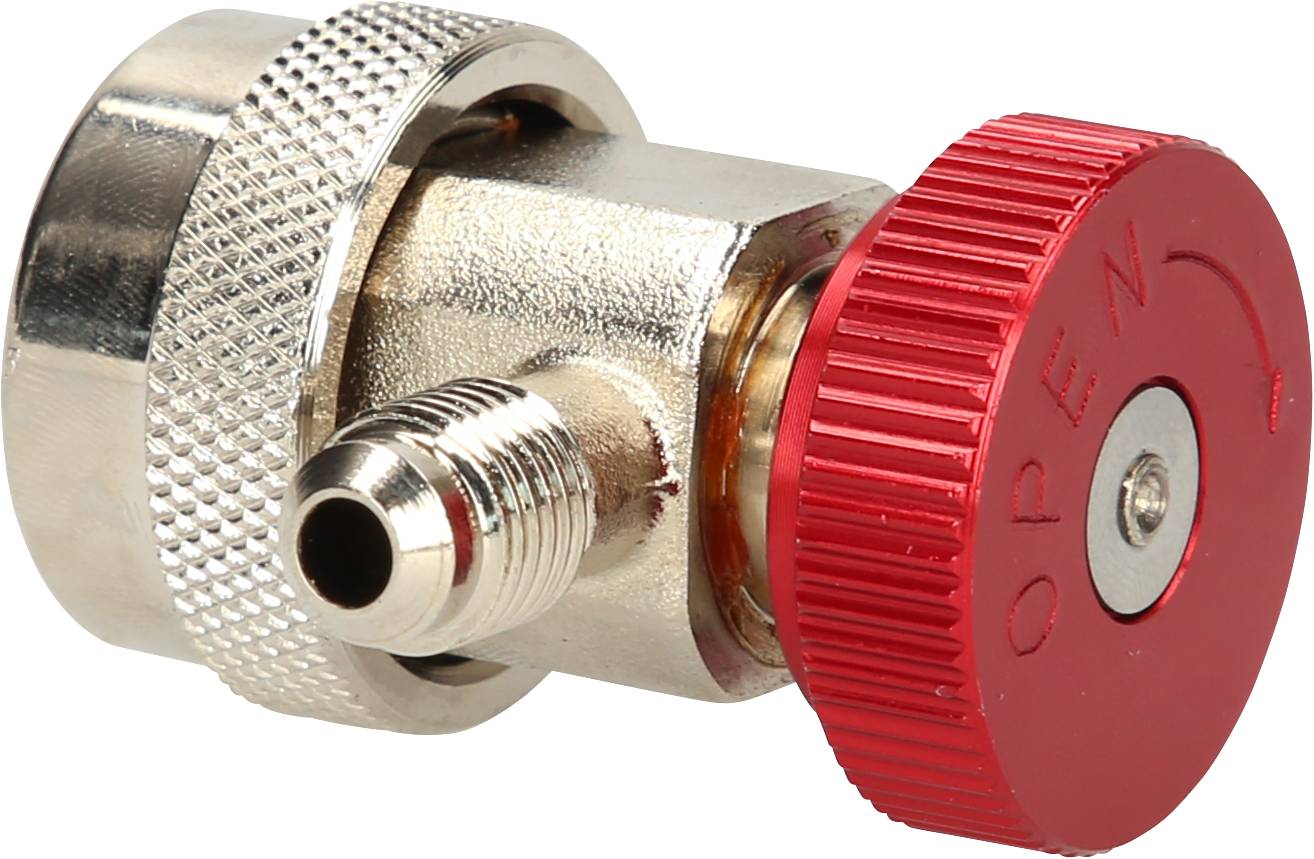 A silver valve with a red turning knob. The knob is marked with 'OPEN' and an arrow indicating the direction of rotation.