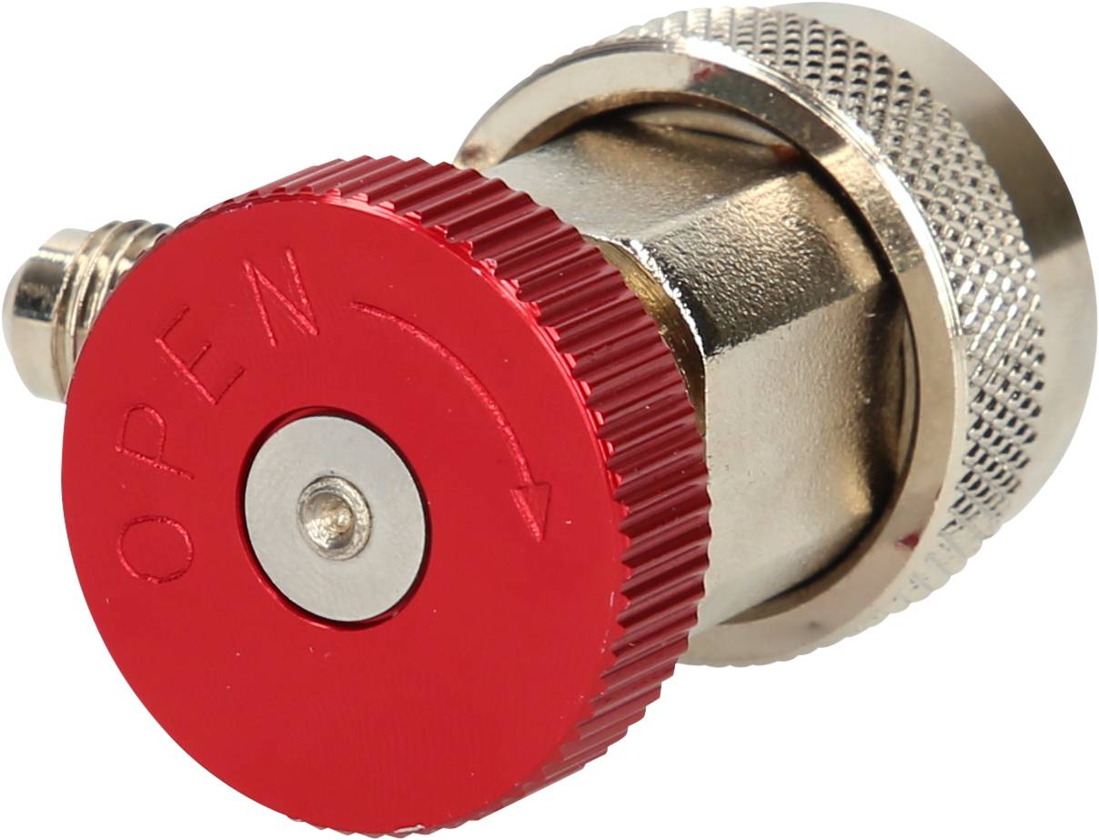 A metal valve with a red rotary knob, which reads 'OPEN'. The knob has a roughened surface for improved grip.