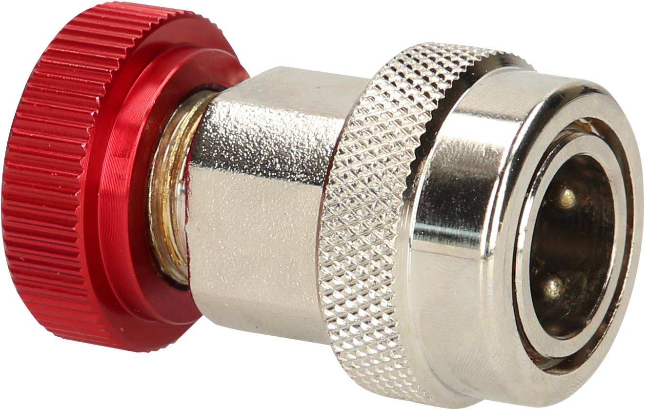Metal connecting piece with a red rotary mechanism and ribbed surface, for connecting hoses or pipes.