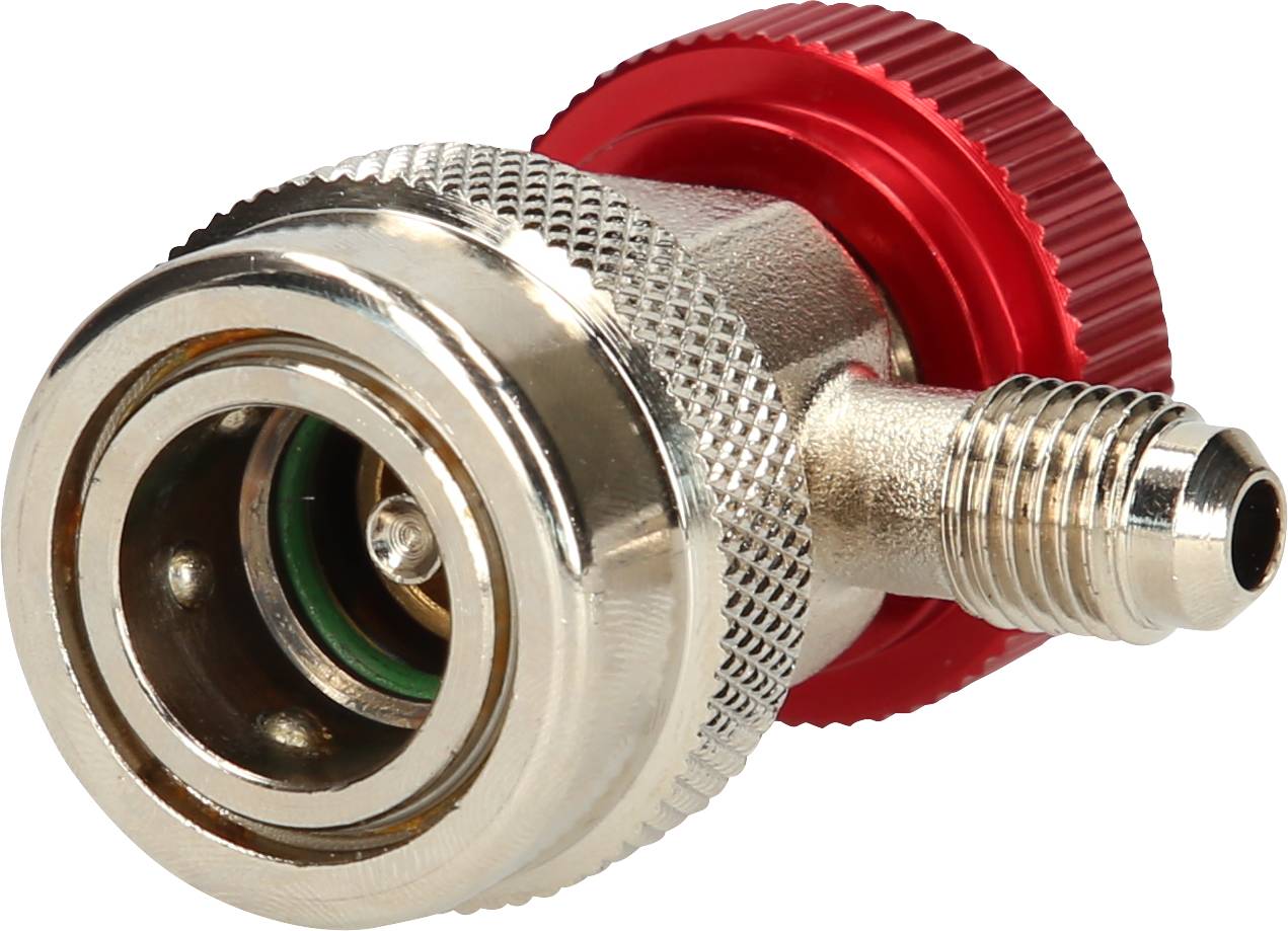 A metal adapter with a red rotary lock and feed connection, potentially part of a compressed air system or similar mechanism.