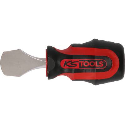 A compact screwdriver handle with a flat metal blade, red and black rubber grip, marked with 'KS Tools'.