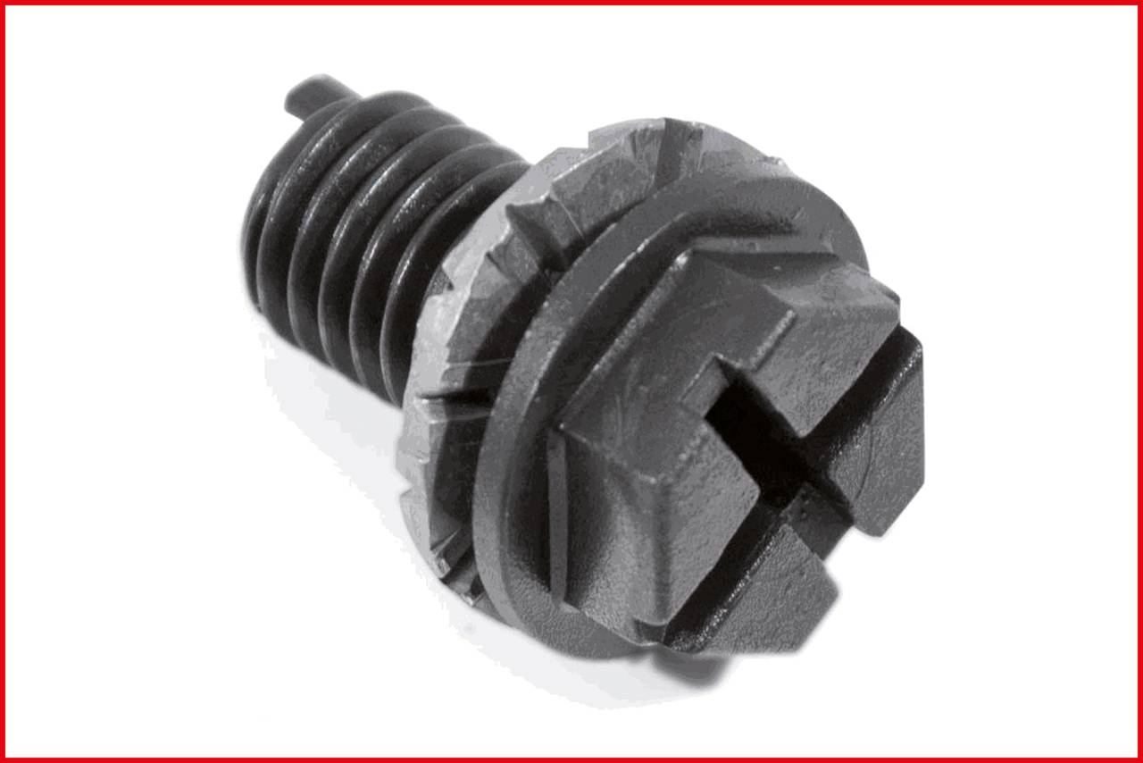Black screw with ridged edge and slotted head, against a white background, used for mechanical fastenings.