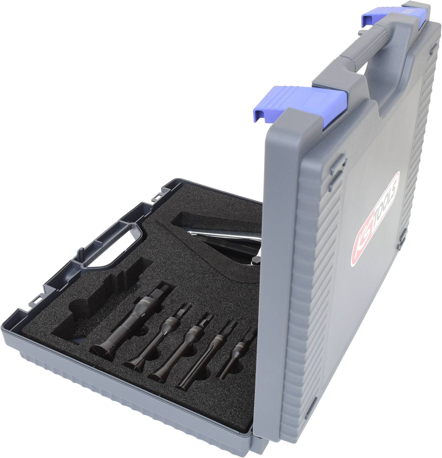 An open grey toolbox with foam lining displays several specially shaped tools neatly positioned inside.