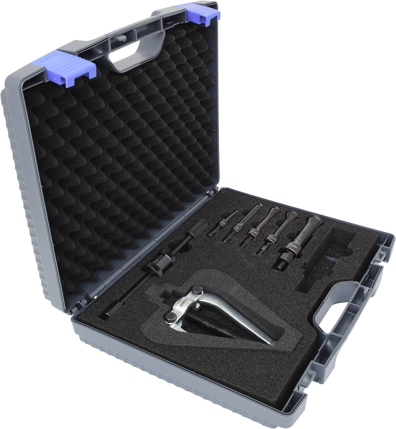 A toolkit with various drill bits and accessories, securely placed in foam inserts, open for viewing.