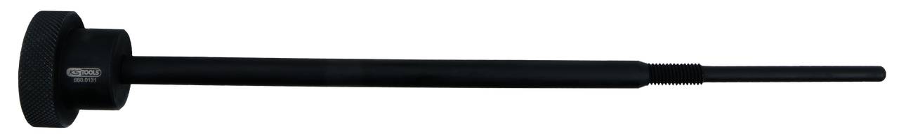 A long, black metal rod with a broad end, possibly a tool or machine component.