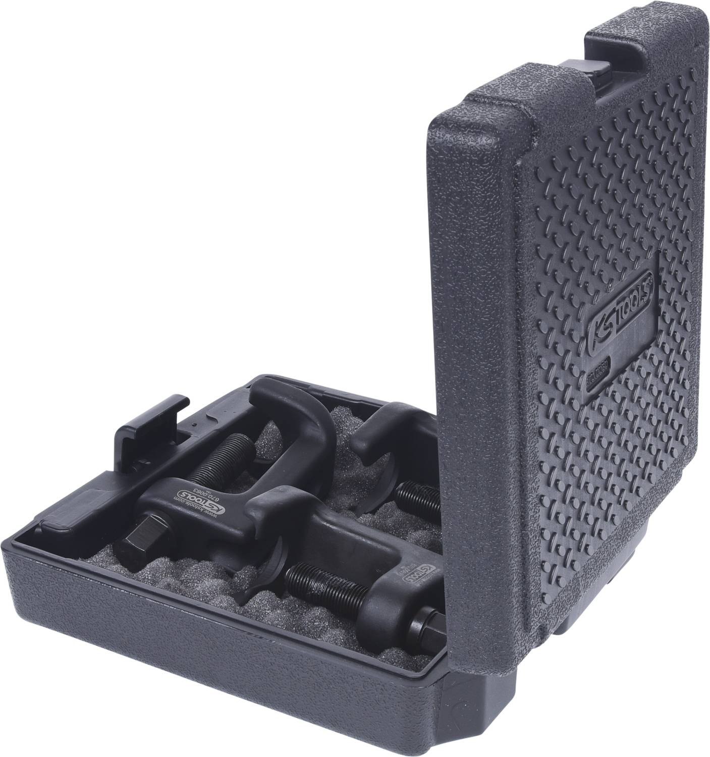 A black plastic box with an open lid displays extractor tools for ball joints. The box contains two metal tools on foam.