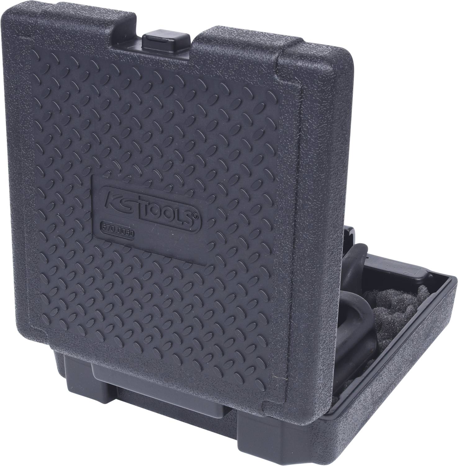 A black, rectangular tool case with a textured surface, half-open. Contains foam padding for secure transportation.