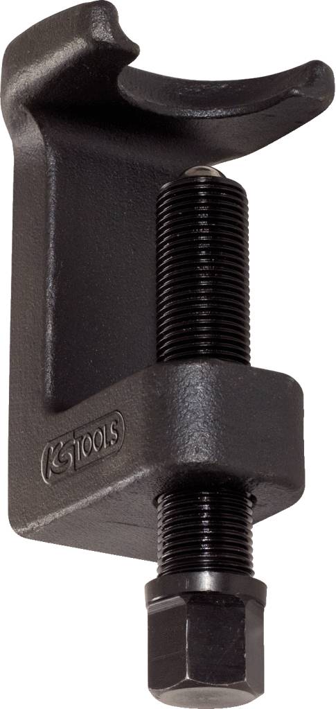 A black metal puller with a screw thread and a curved mounting bracket, suitable for removing wheel hubs.