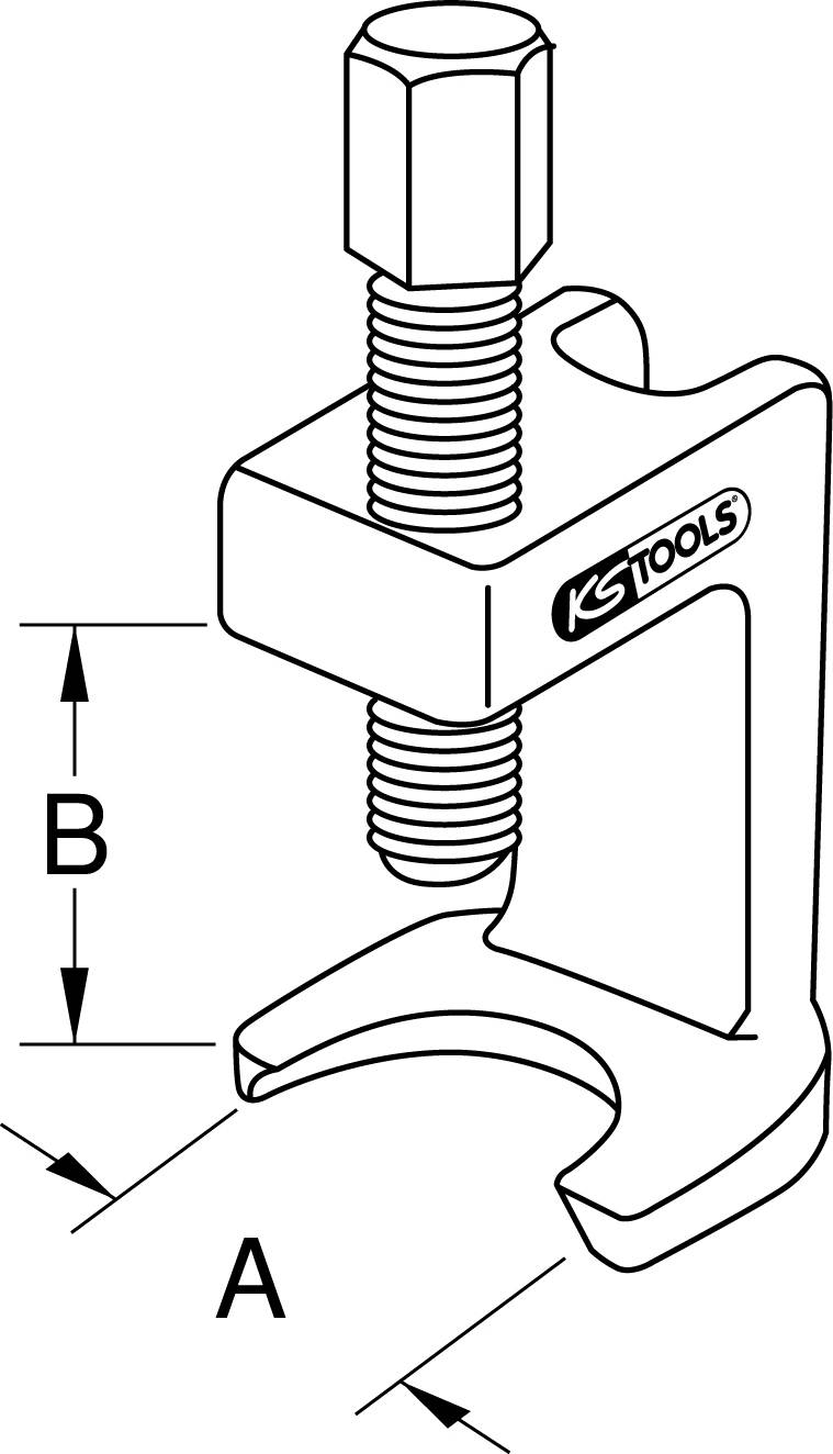 'KS TOOLS' puller drawing with dimensions A and B marked, shows the side view of a screw puller with threaded bolt.