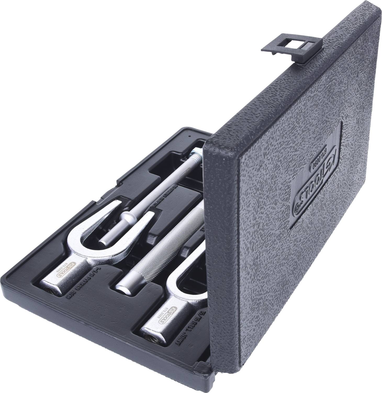 Two tuning forks in an open black plastic case, offering different frequencies for calibration or musical purposes.