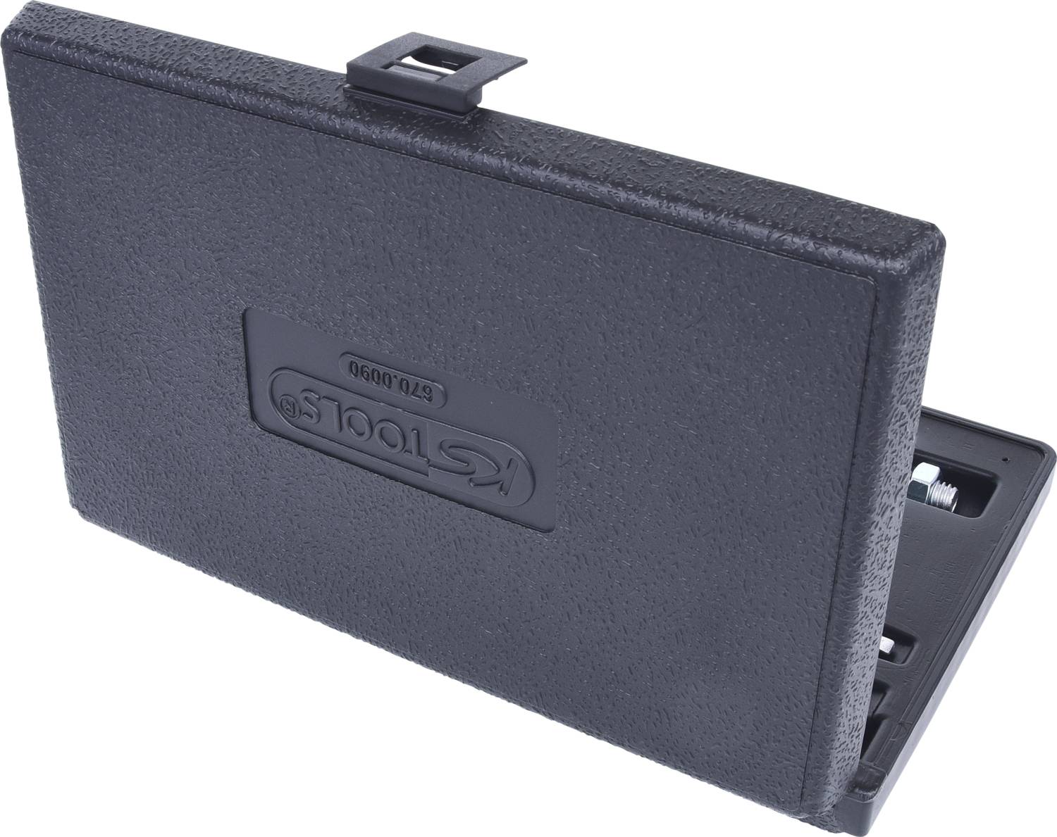 A black tool case with a logo and hinge at the top, partially open, reveals some tools.