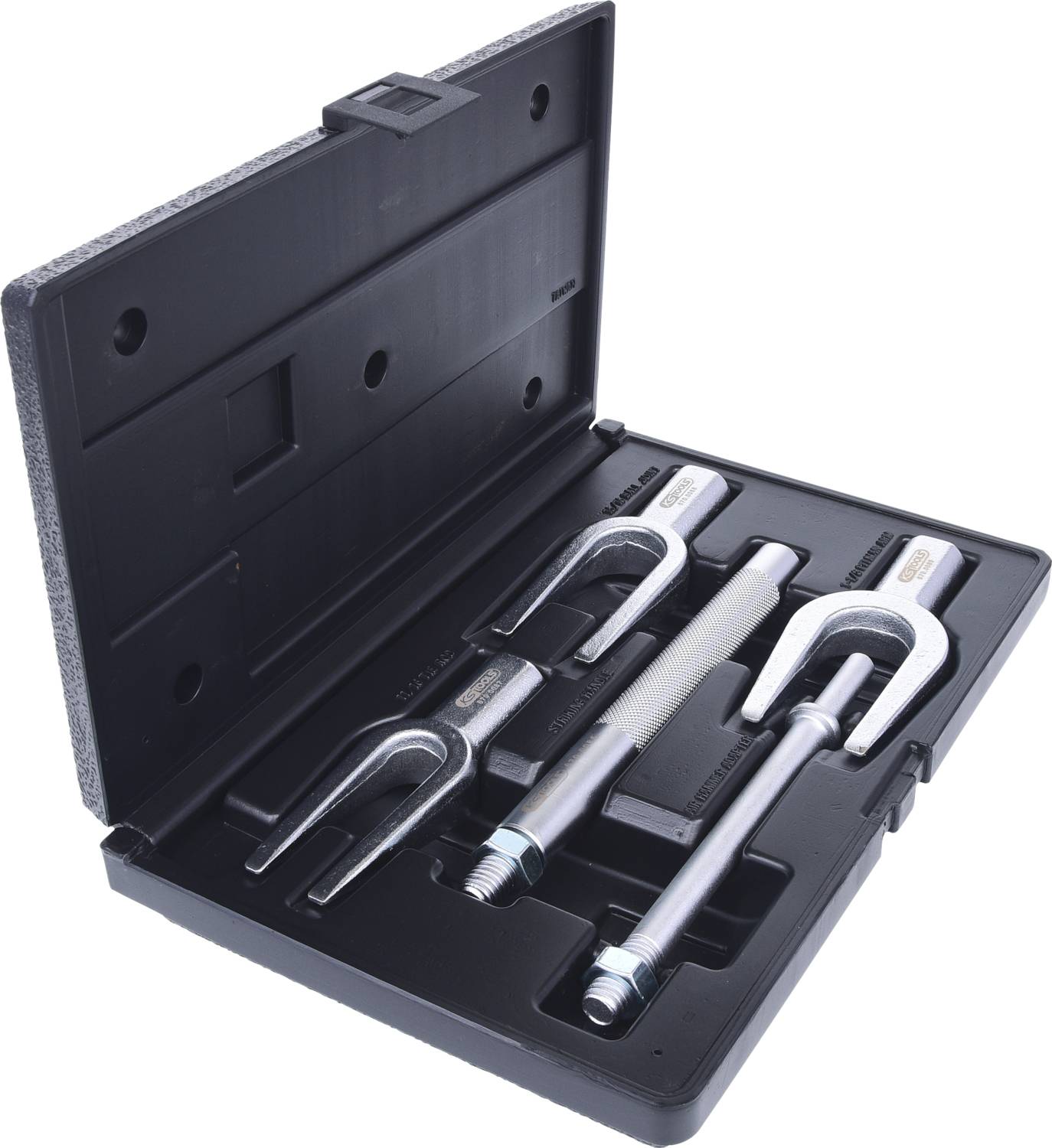 A black suitcase with a tool set, comprising various pullers.
