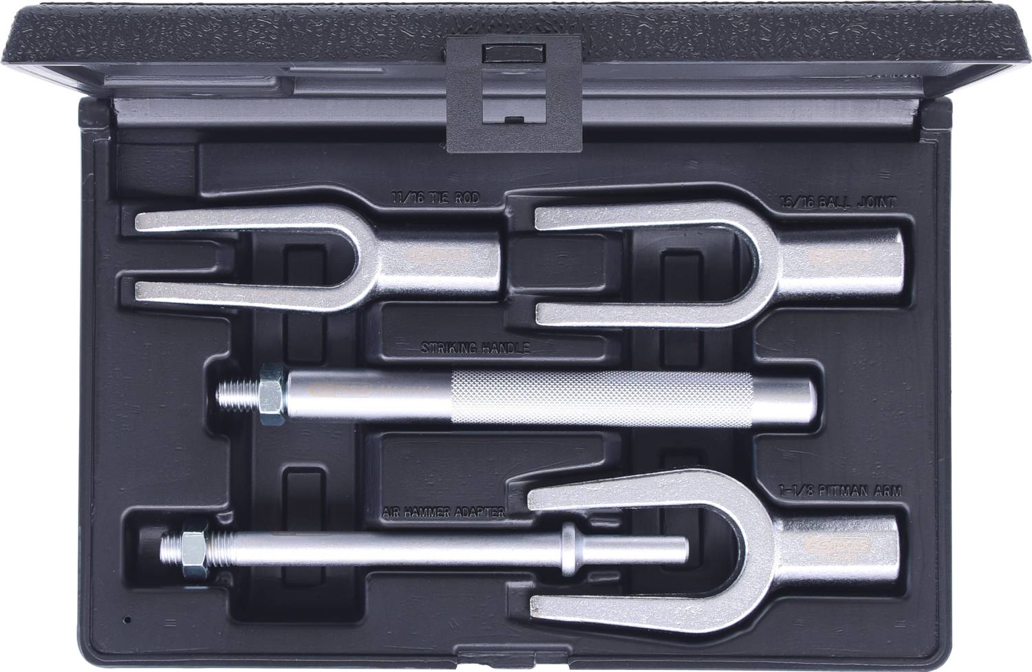 A set of fork pullers in a black box. Contains various sizes of pullers with handles for removing ball joints.