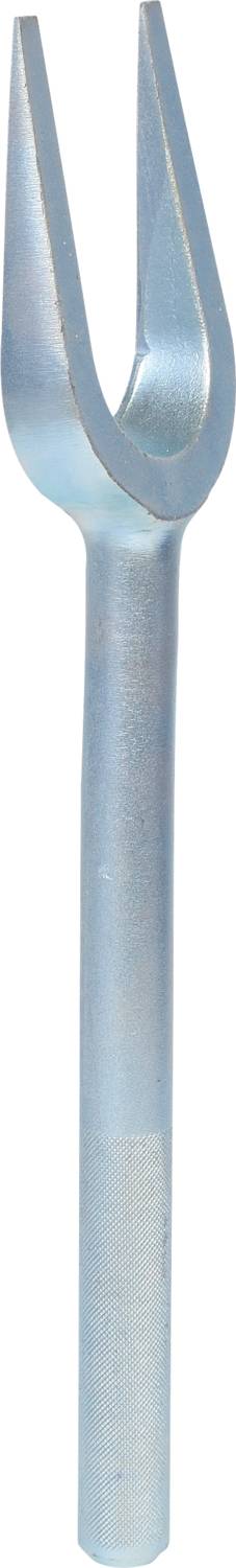 A silver, metallic tool with a slender handle and two inward-curved tips, commonly used in mechanics.