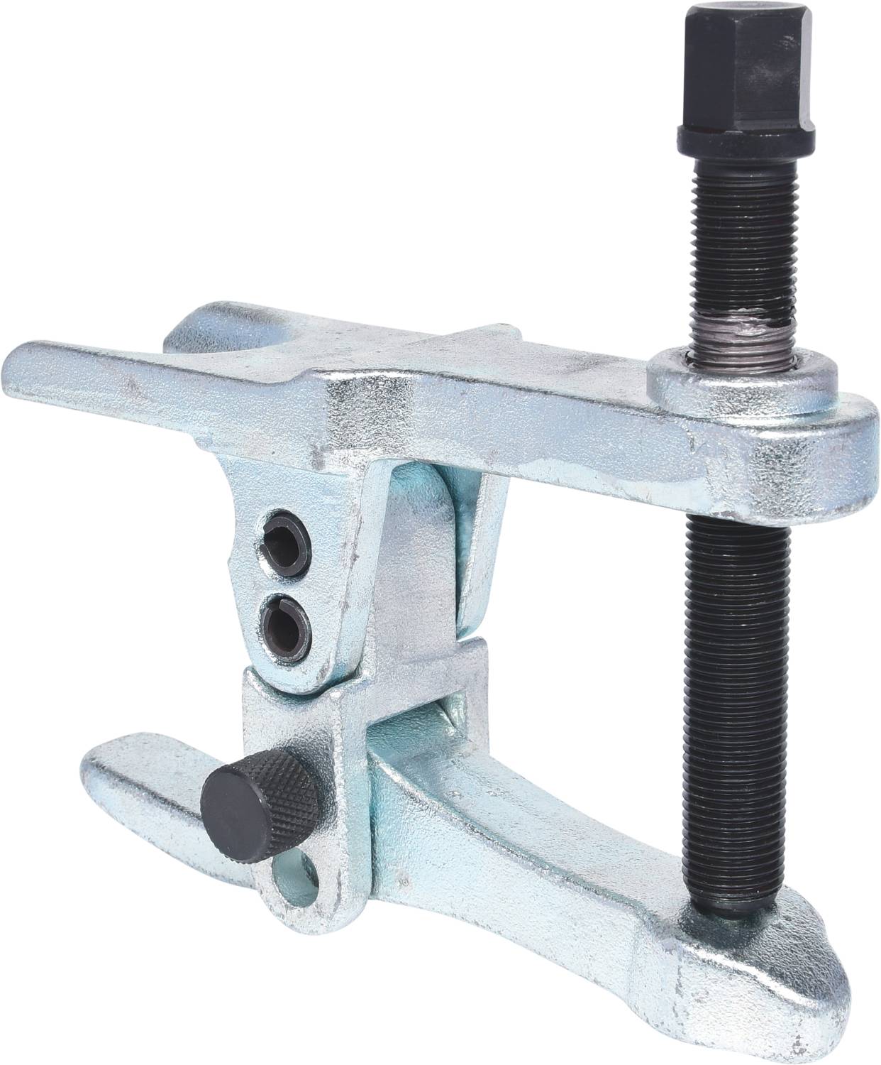 A silver puller is shown in a tool context, with a rotating handle and two smooth arms for removing bearings or bushes.