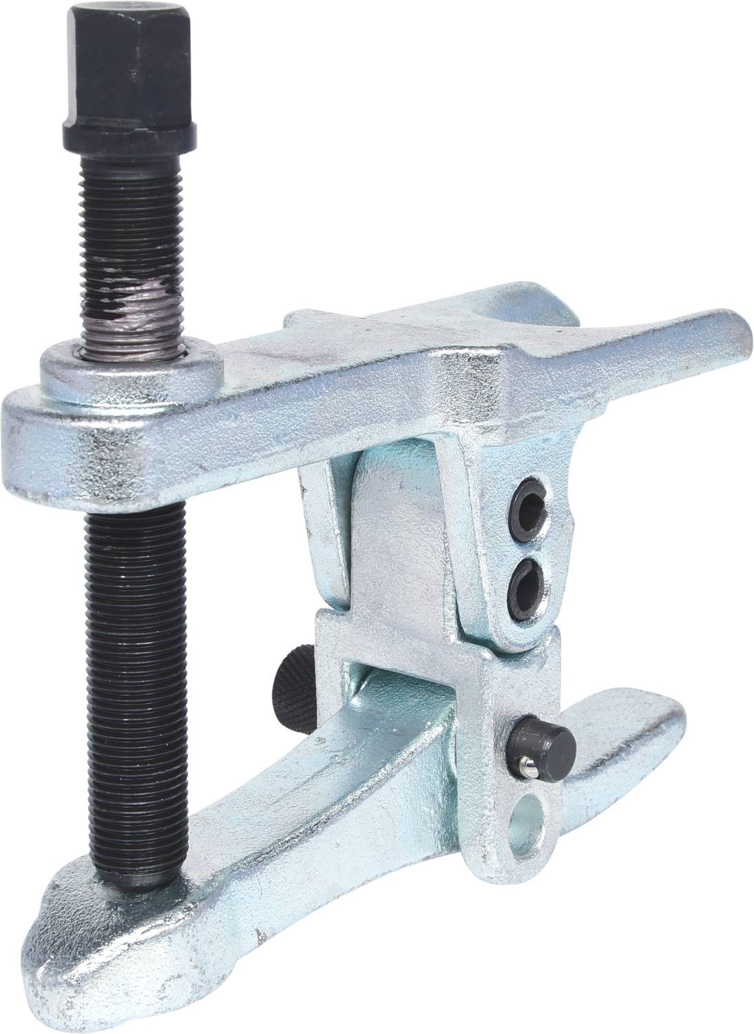 A silver two-arm puller with a black spindle and rotating handle for removing automotive or machine bearings.