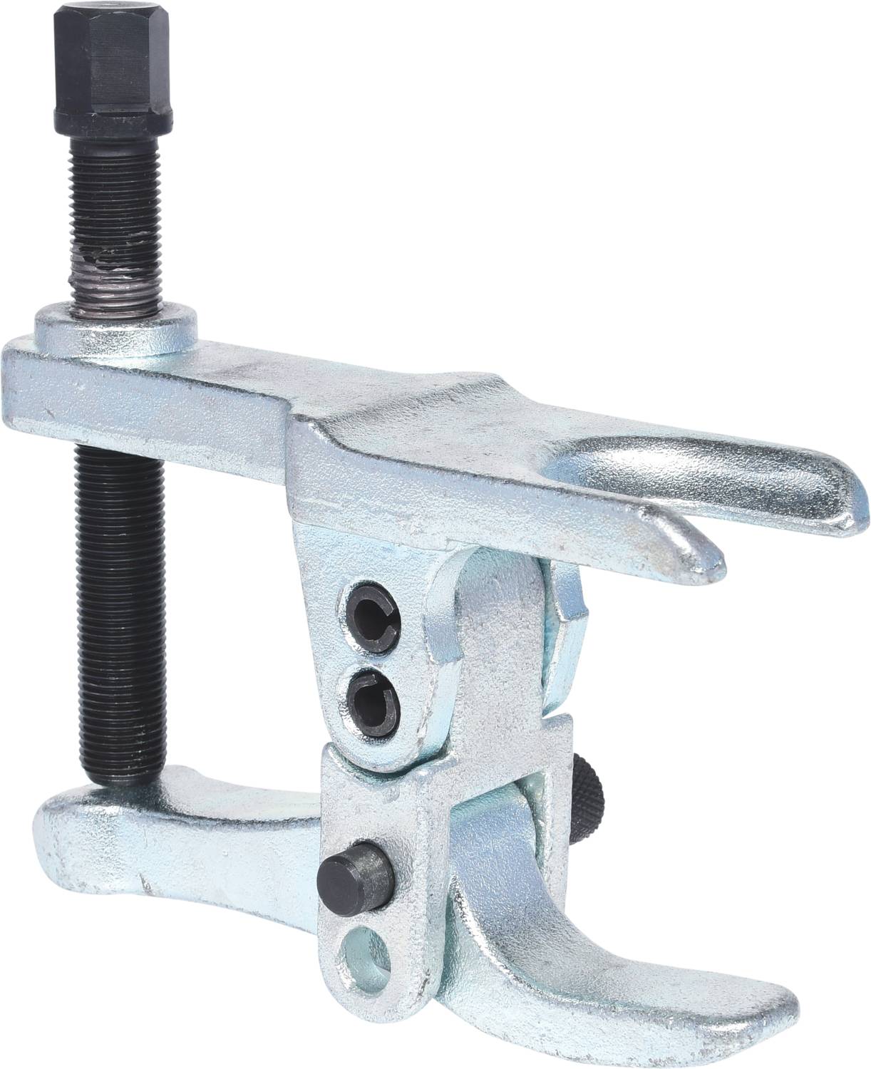 Metallic extraction tool with black screw and silver gripping arms, used for removing bearings or gears.