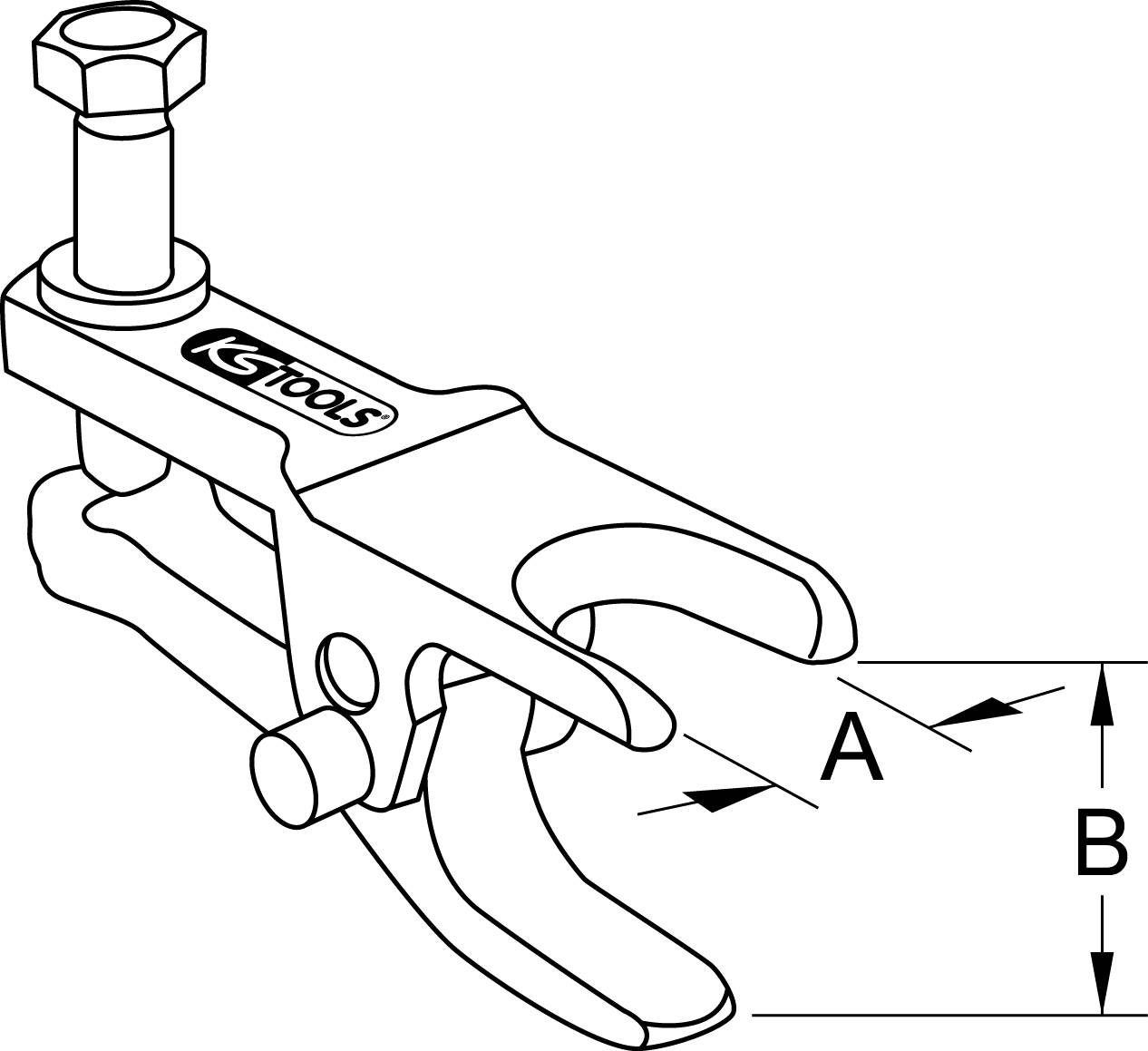A clamping device with a screw, marked with 'A' and 'B', used for holding objects. Markings indicate dimensions.