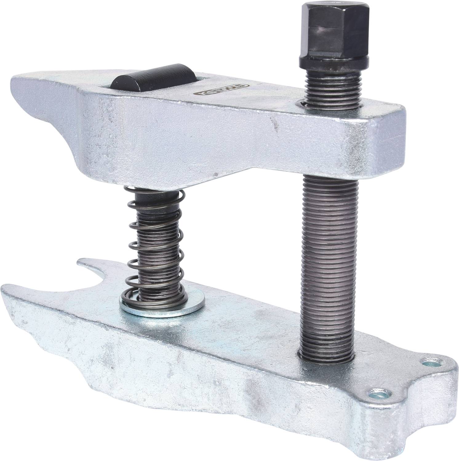 This picture depicts a silver tool with a spring and screw mechanism, likely a puller or compression tool.