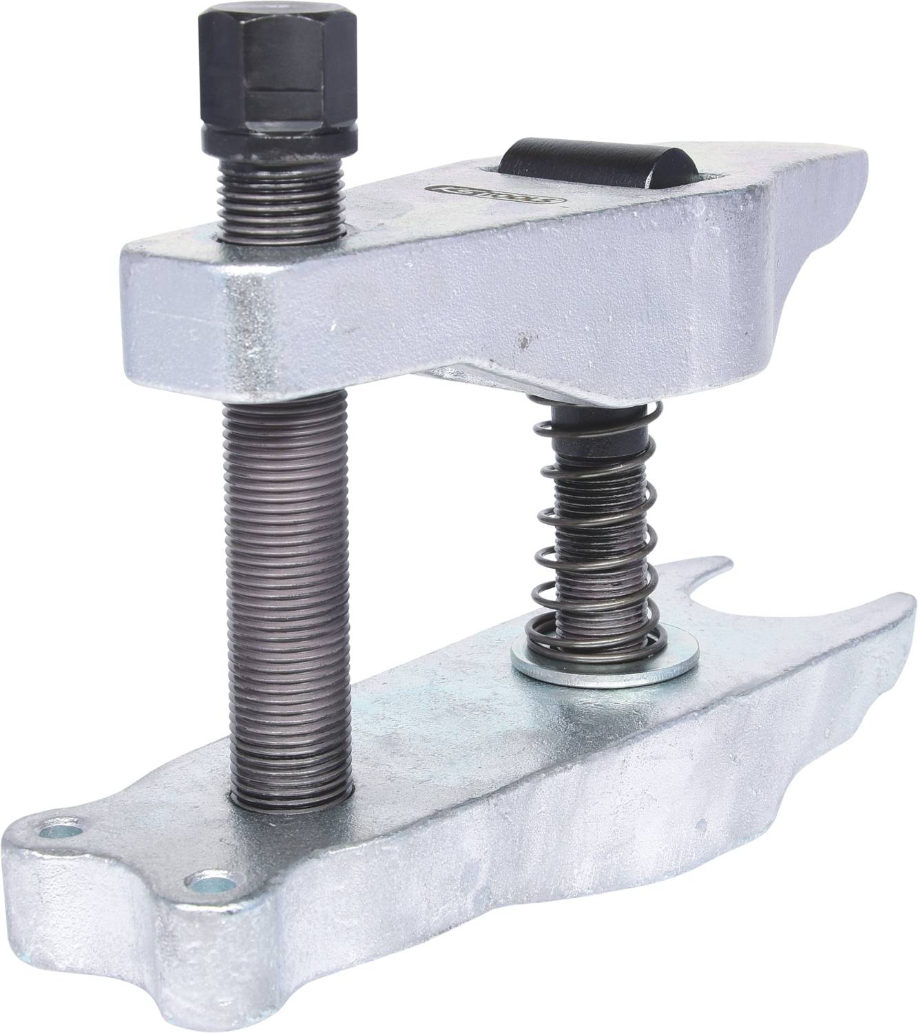 A metal separation tool with a screw and spring mechanism, used for removing ball joints or track rods in vehicles.