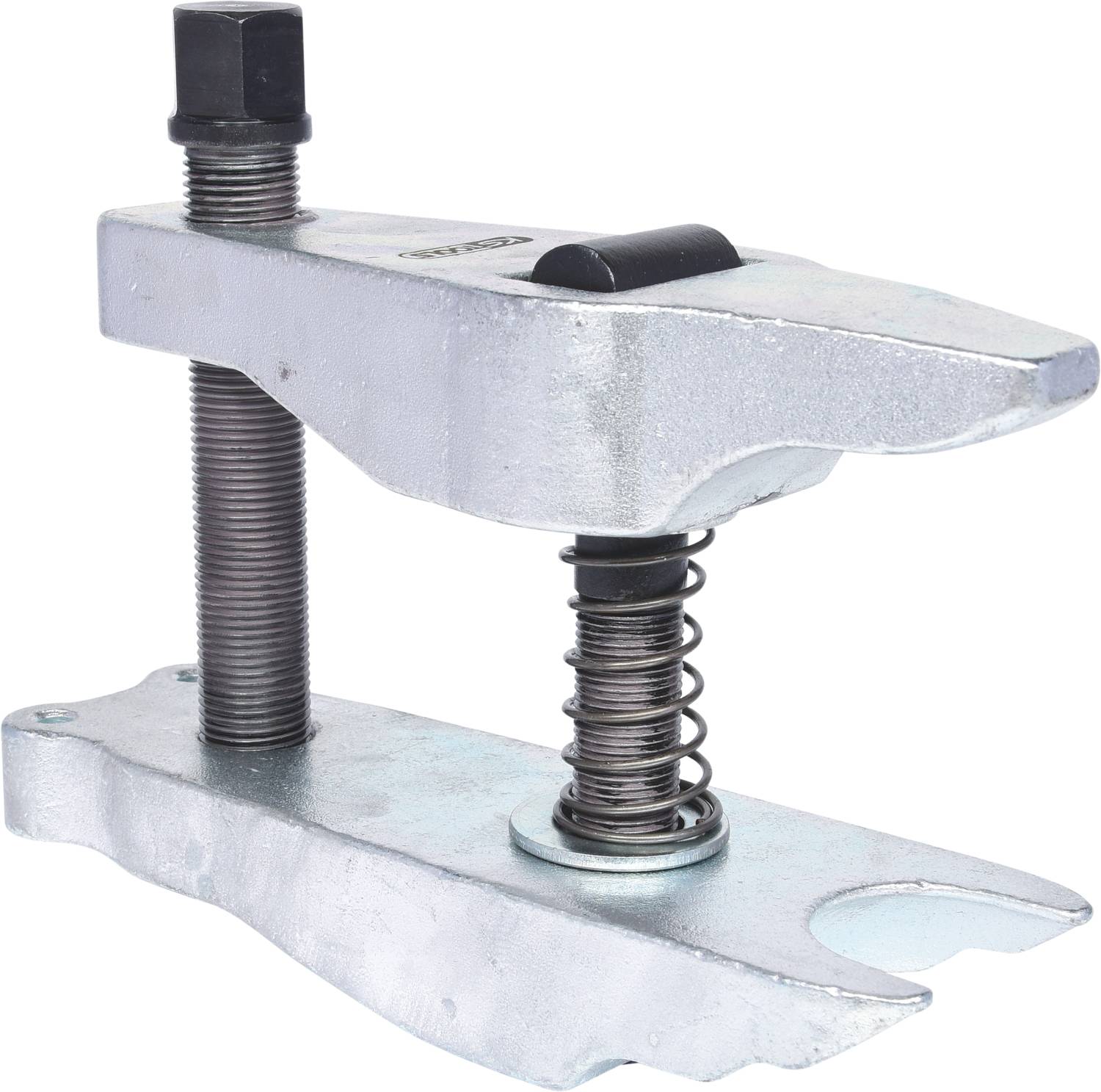 A silver metal tool with two screws and a spring, likely a ball joint puller, used for installing and removing automotive parts.