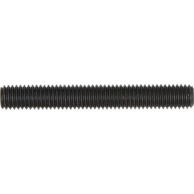 A black threaded rod, horizontally aligned, with uniform grooves along its length.