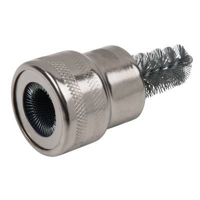 Metal-bodied tube brush with metal bristles; used for cleaning pipes or internal threads.
