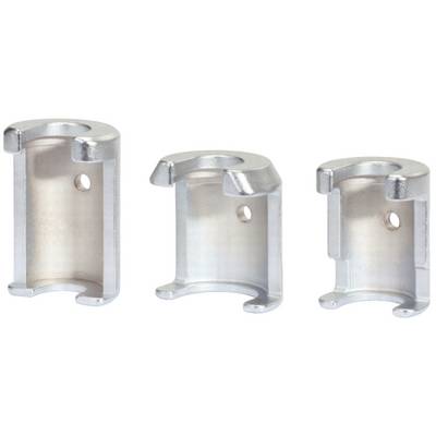 Three silver metal brackets of varying sizes arranged side by side. Each bracket has a central hole for mounting.