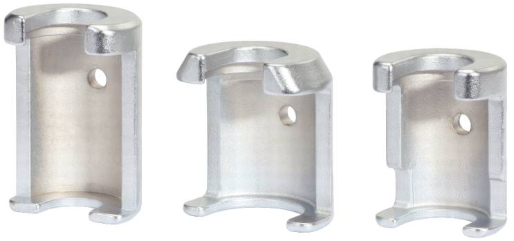 Three metallic hook brackets in various sizes, made of silver-coloured material, with a shiny surface and central aperture.